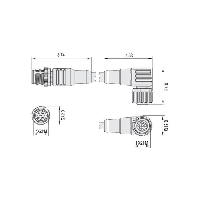 M12 4Pin、母头90°转公头直型、双端预铸防焊渣PUR柔性电缆、橙色护套、64T143-XXX